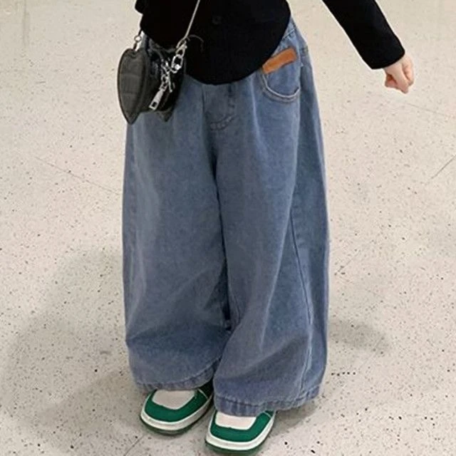 韩国女童裤子2024春季新款洋气中大童牛仔阔腿裤休闲高腰宽松长裤