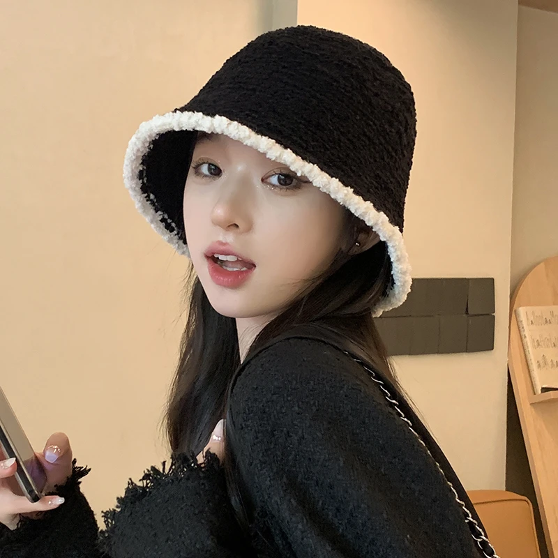 韩版针织帽女款时尚百搭水桶帽日系黑色撞色边休闲盆帽网红帽子