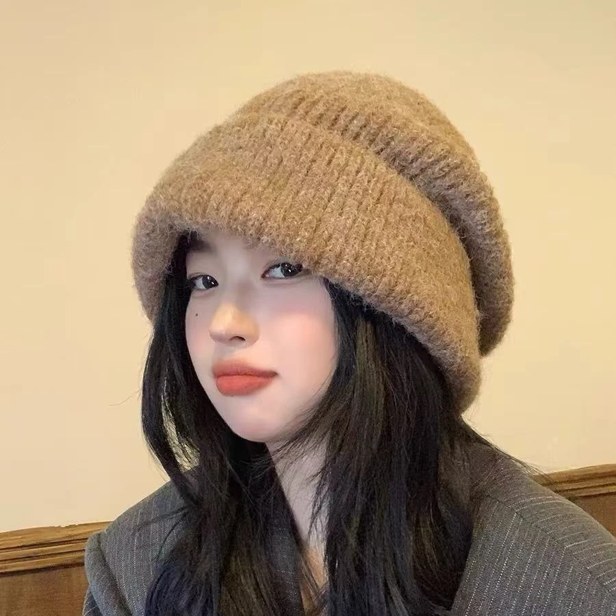 保暖冷帽针织帽子女冬保暖护耳毛线帽贝雷包头大头围网红堆堆帽