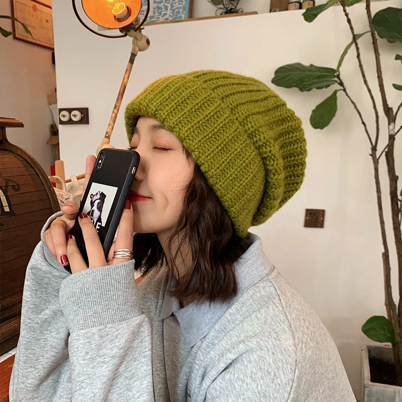 黑慵懒大头围毛线帽女秋冬大版护耳保暖毛线帽显脸小堆堆帽冬季