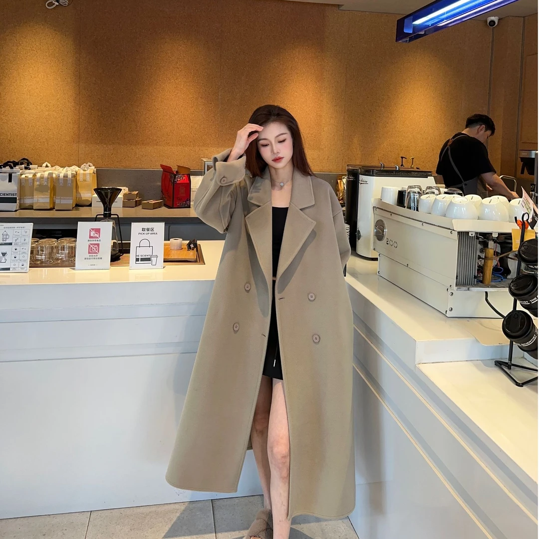 2024秋冬新款双面绒大衣女中长款韩版慵懒极简宽松加厚毛呢外套