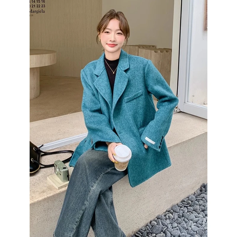 蓝色高级感西装双面羊绒呢子大衣女秋冬2024新款韩剧时髦毛呢外套