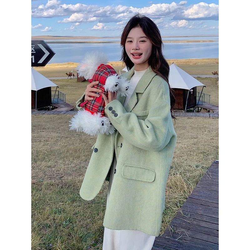 粉色高级感西装领双面羊毛呢子大衣女秋冬2024新款超好看毛呢外套