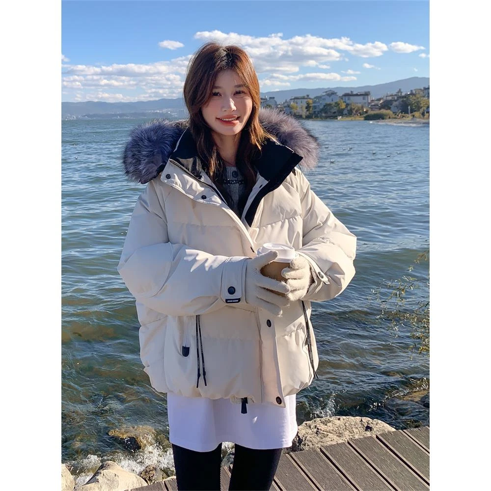 大毛领连帽白色白鹅绒羽绒服女冬季2024新款美式短款面包服重工