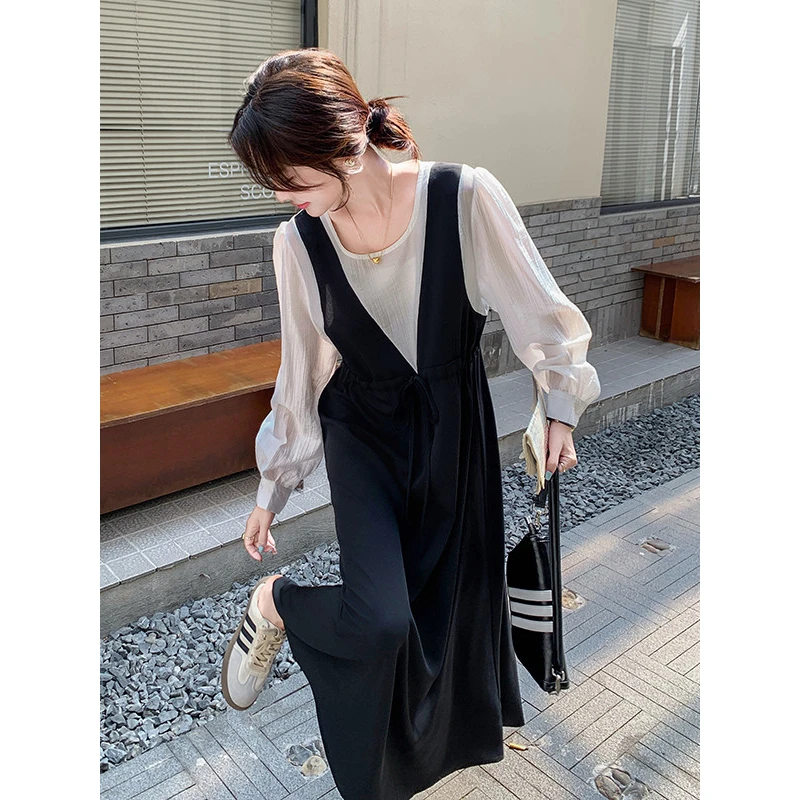 韩系氛围感假两件连衣裙女2024年早秋温柔法式超好看绝美长裙子