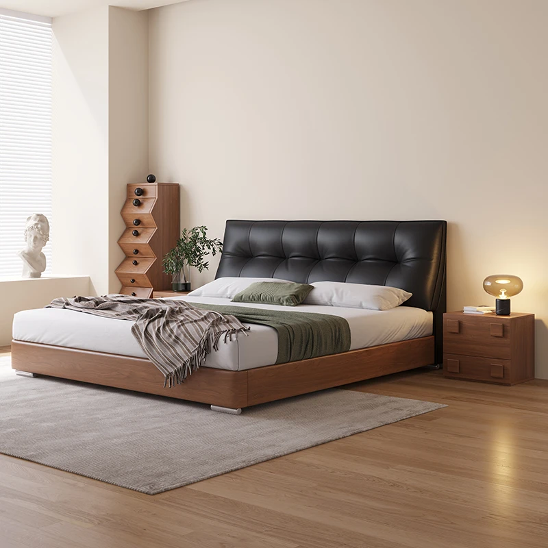 中古风白蜡木现代简约真皮床复古意式极简黑色储物悬浮中古风床