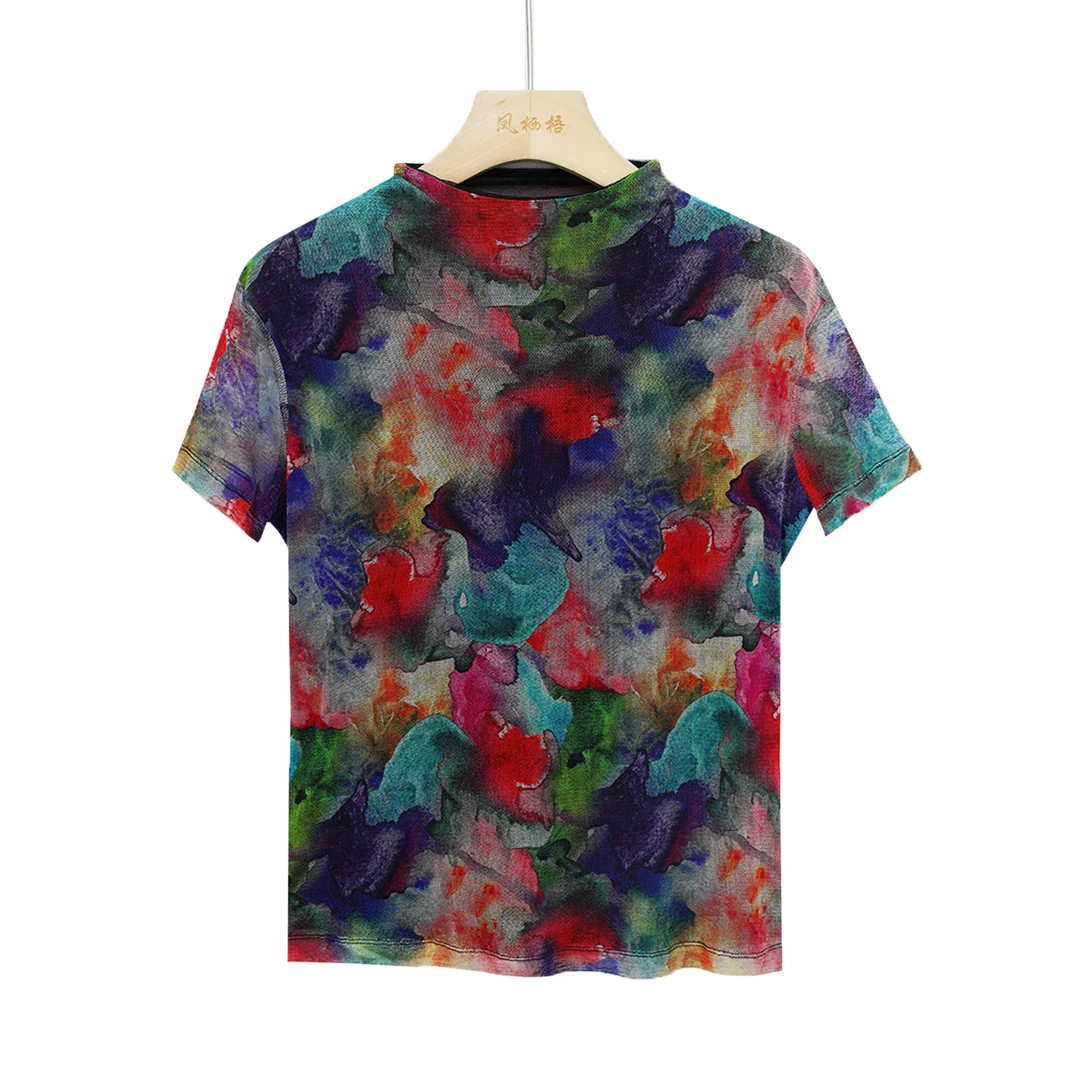 凤栖梧高定七彩桑蚕丝半高领短袖上衣FB23506S4