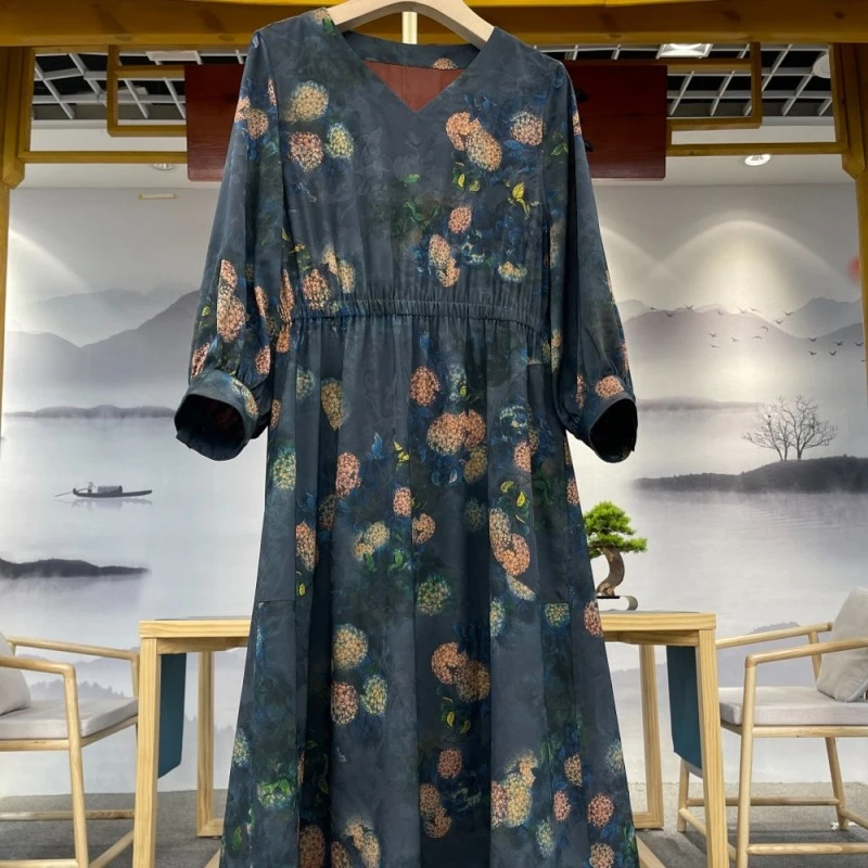 凤栖梧红云纱复古中式花罗提花连衣裙88644