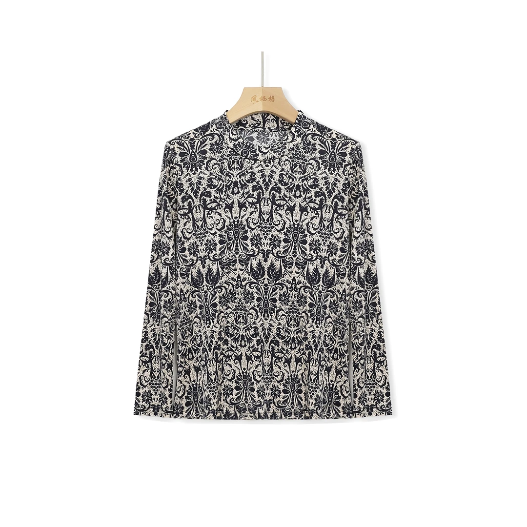 凤栖梧高定100桑蚕丝2024新款印花衬衫圆领长袖上衣FB24022403