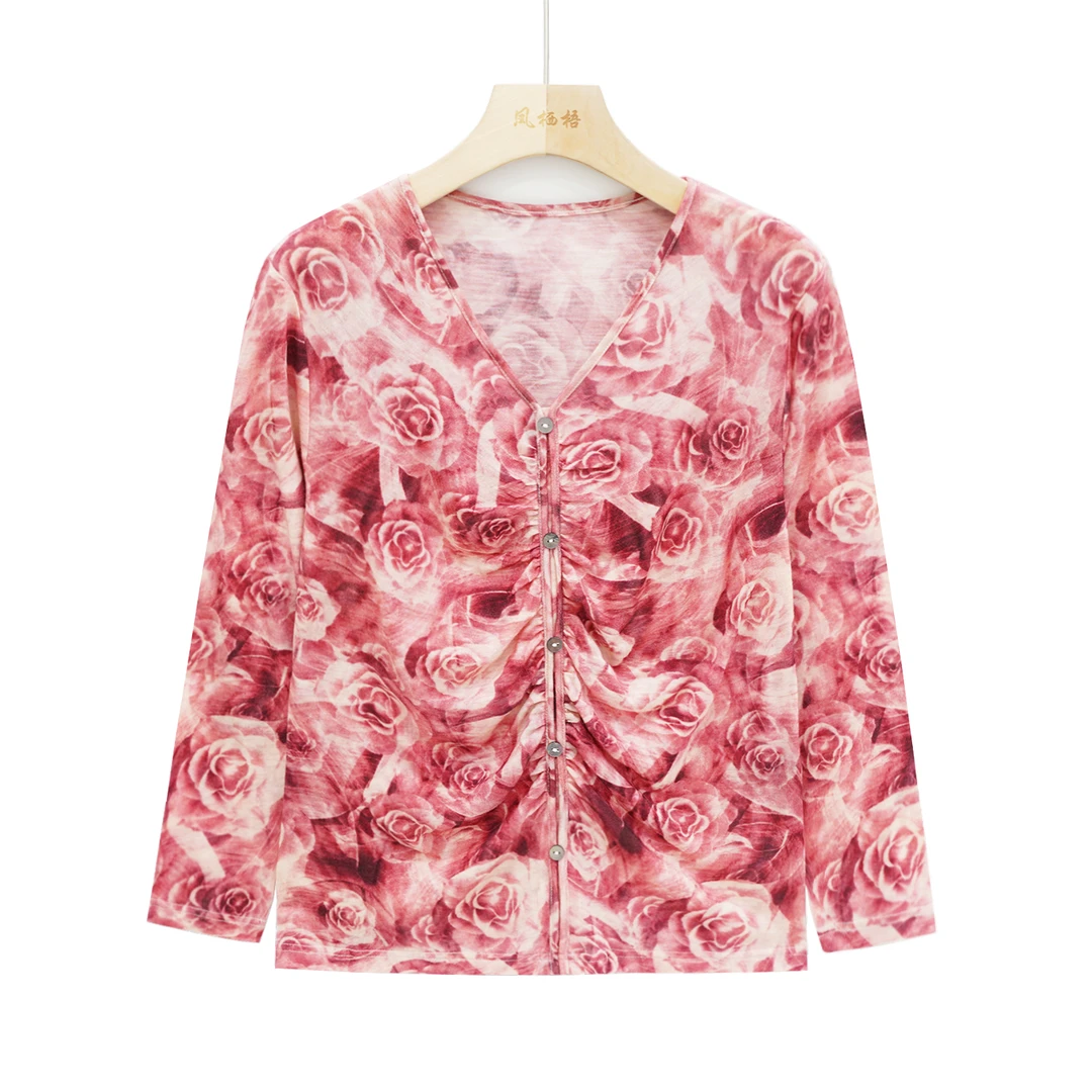 凤栖梧高定绵羊毛薄款毛衣V领长袖红色印花上衣FB23918M2