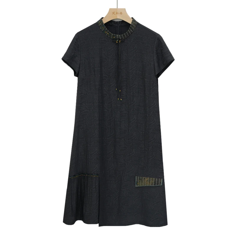 凤栖梧高定香云纱冠乐绉国风领口刺绣飘绳黑红连衣裙 FB23518X1