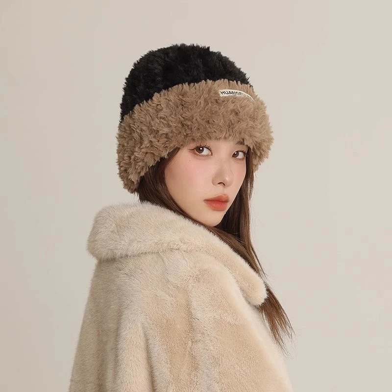 奶油饼干双拼毛绒帽新款秋冬针织护耳保暖帽子帽防寒围脖毛线帽