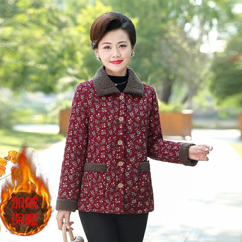 宏2358翻领妈妈装加绒加厚小棉衣中老年棉衣棉服外套保暖