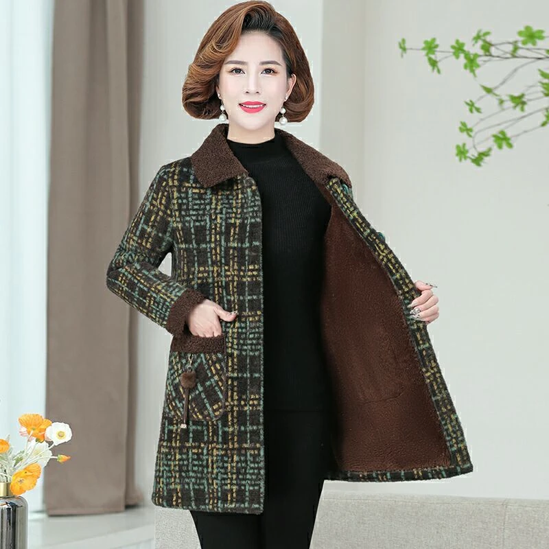 叶中年妈妈加绒加厚仿貂绒保暖毛呢大衣XL-5XL(90-160斤)妈妈外套
