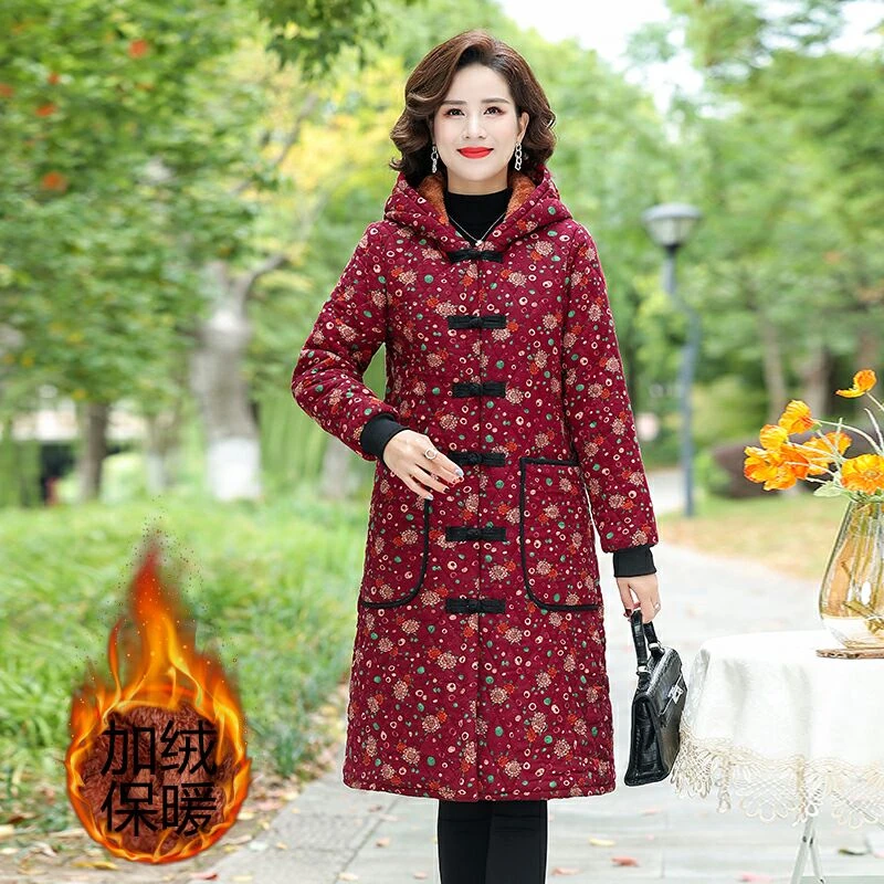 雅阔太太加绒加厚连帽时尚碎花棉衣棉服中长款妈妈装长款保暖外套