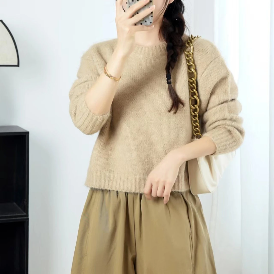 2024秋款针织套头毛衣时尚百搭宽松纯色圆领韩版秋冬简约大方