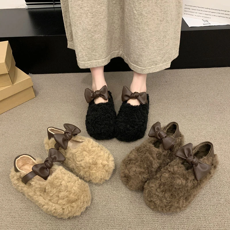 毛毛鞋女外穿2024秋冬新款蝴蝶结厚底加绒外穿厚底保暖棉鞋羊羔毛