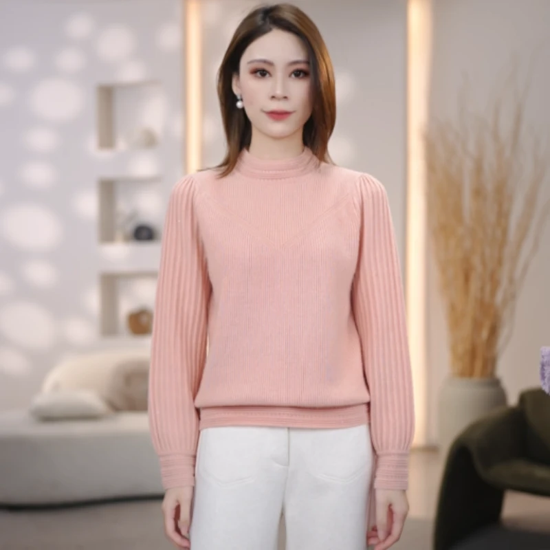 半高领亮片2024百搭秋冬新款保暖长袖竖坑条针织衫女