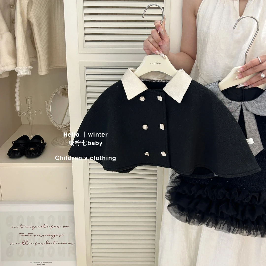 【现】秋冬款儿童韩版高端气质呢子外套女童洋气赫本风斗篷上衣