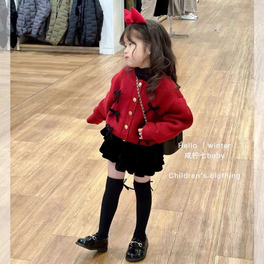【现现】女童2024年拜年服冬季新款儿童新年红色毛衣外套宝宝公主