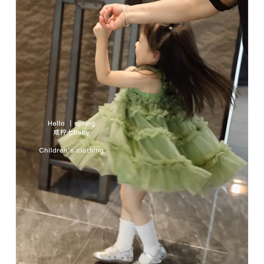 咸柠七baby女童吊带连衣裙绿色无袖背心裙网红tutu裙公主网纱裙