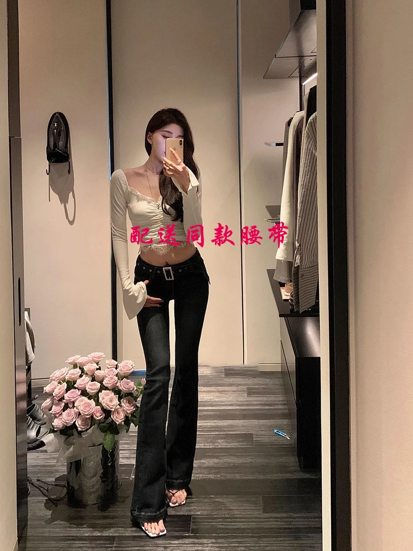 加长裤美式深蓝色中腰微喇牛仔裤女修身显瘦直筒烟管175喇叭裤