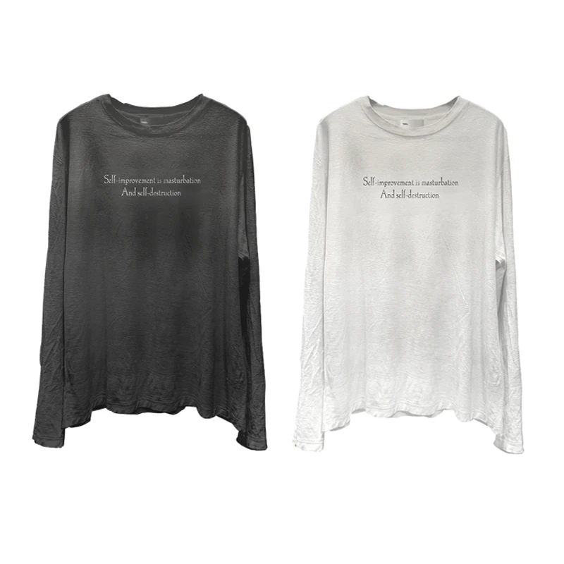 WANNALAB24SS脏染喷马骝磨破做旧长绒纯棉标语打底长袖t恤卫衣