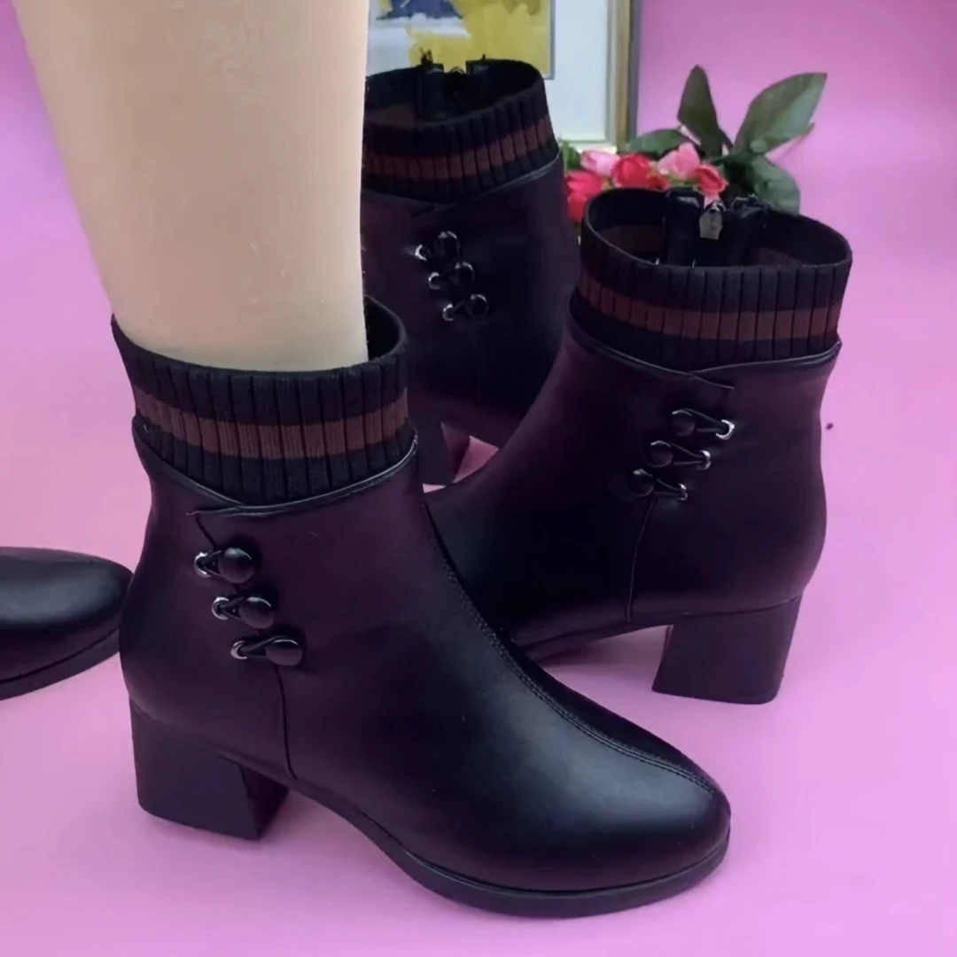 冬季新款女士加绒加厚粗跟弹力口高帮鞋 时尚百搭小短靴