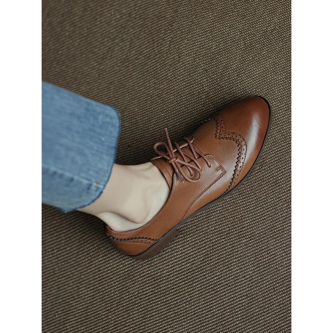 手工真皮~狠流行~软底小皮鞋女英伦风复古乐福鞋系带单鞋子低跟