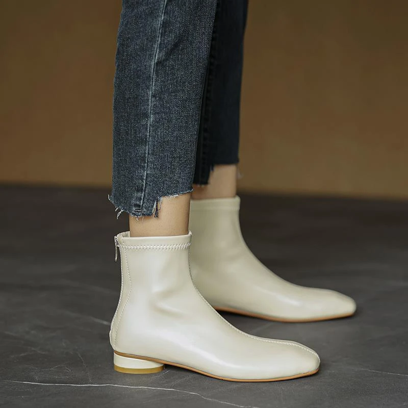 手工制作~巨好穿~法式方头平底小短靴韩版秋冬低跟白色瘦瘦及踝靴