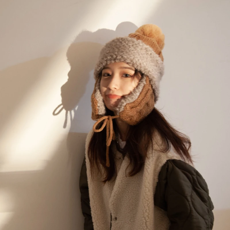 帽子女秋冬雷锋帽韩版潮针织可爱护耳毛线帽加绒加厚百搭包头帽子
