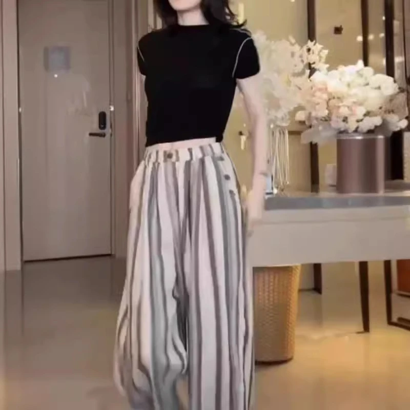 93583时尚气质潮流夏季新款圆领修身短袖T恤休闲条纹阔腿裤女装