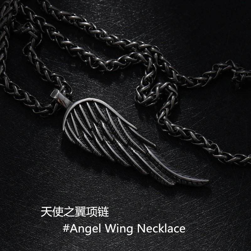 钛钢项链 日韩天使之翼男士翅膀吊坠挂链复古个性潮嘻哈长款朋克