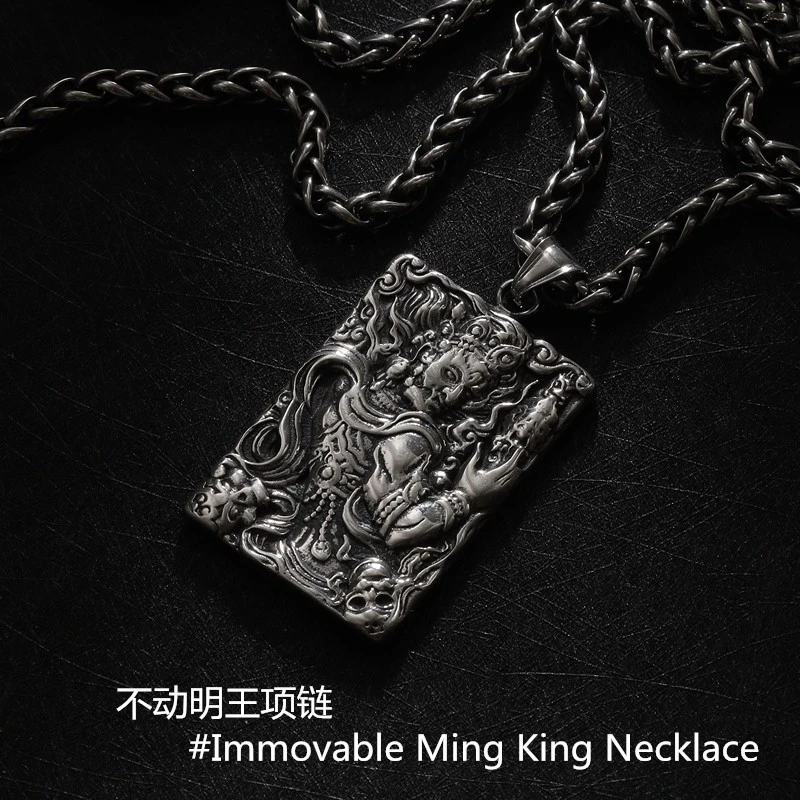 钛钢项链 复古不动明王个性吊坠潮男日韩民族风长款挂链霸气吊牌