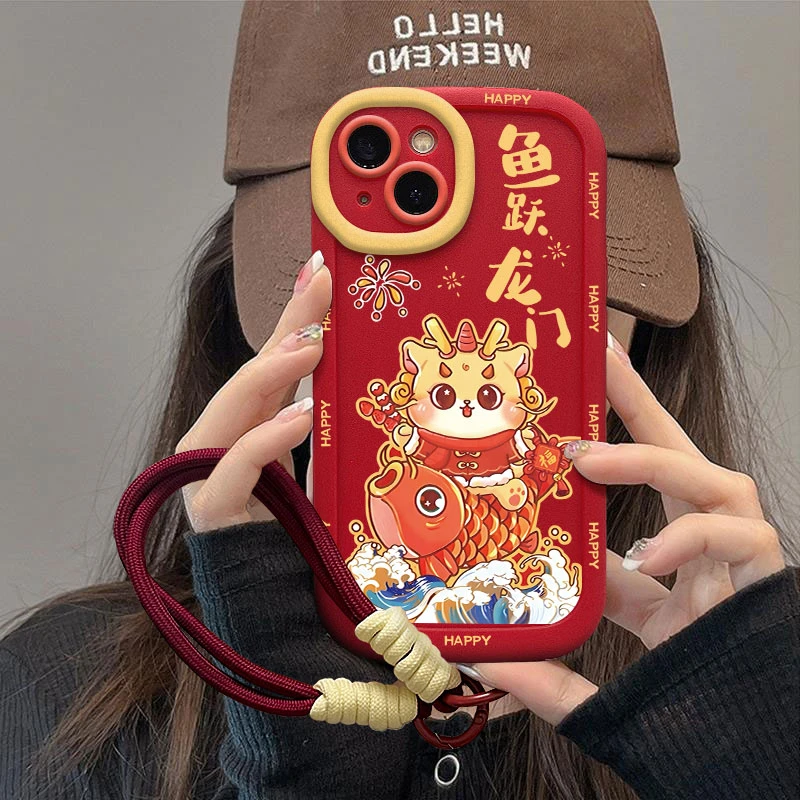 高颜值鱼跃龙门苹果华为oppo小米vivo精孔圆墩全包防摔手机壳国潮