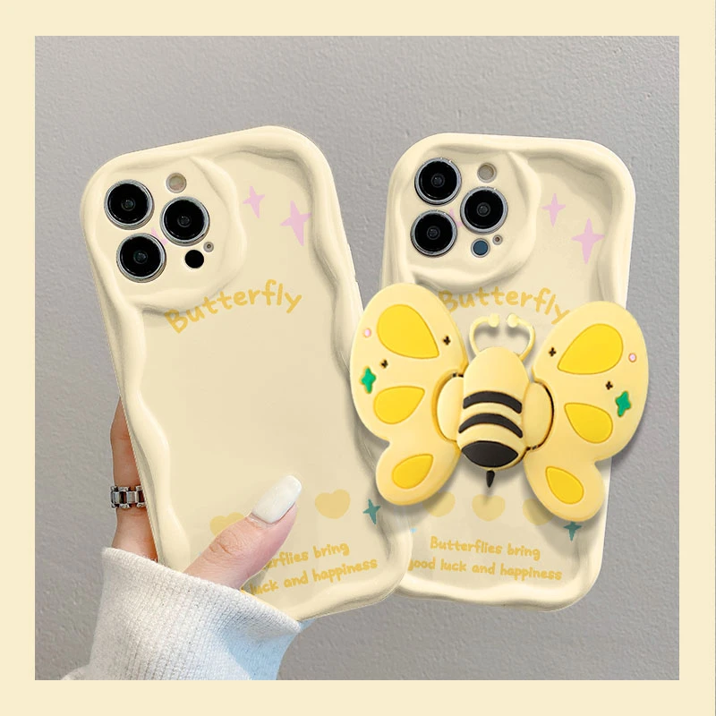 苹果华为小米/oppo/vivo蝴蝶支架新款曲边纹全包防摔高颜值手机壳
