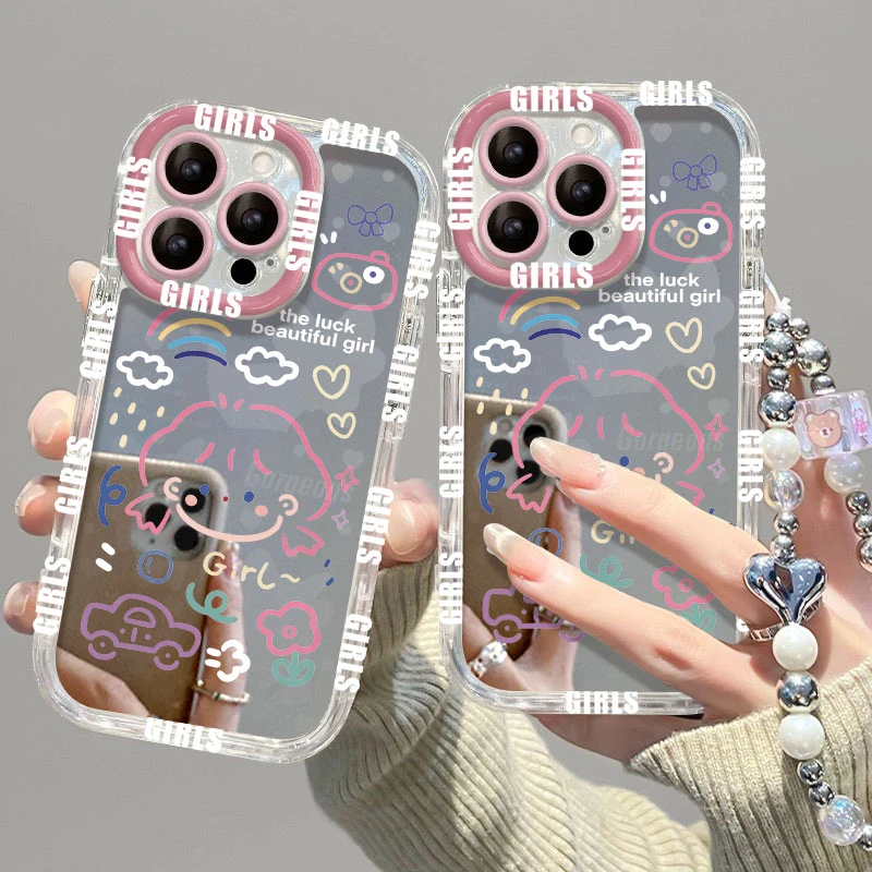 线条小女孩适用苹果华为荣耀vivo小米OPPO手机壳镜面奶油壳哈哈镜