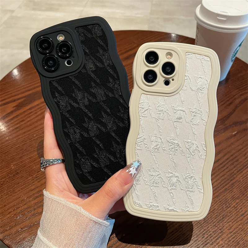 苹果华为小米oppovivo新款实色大波浪全包防摔针织千鸟格手机壳女