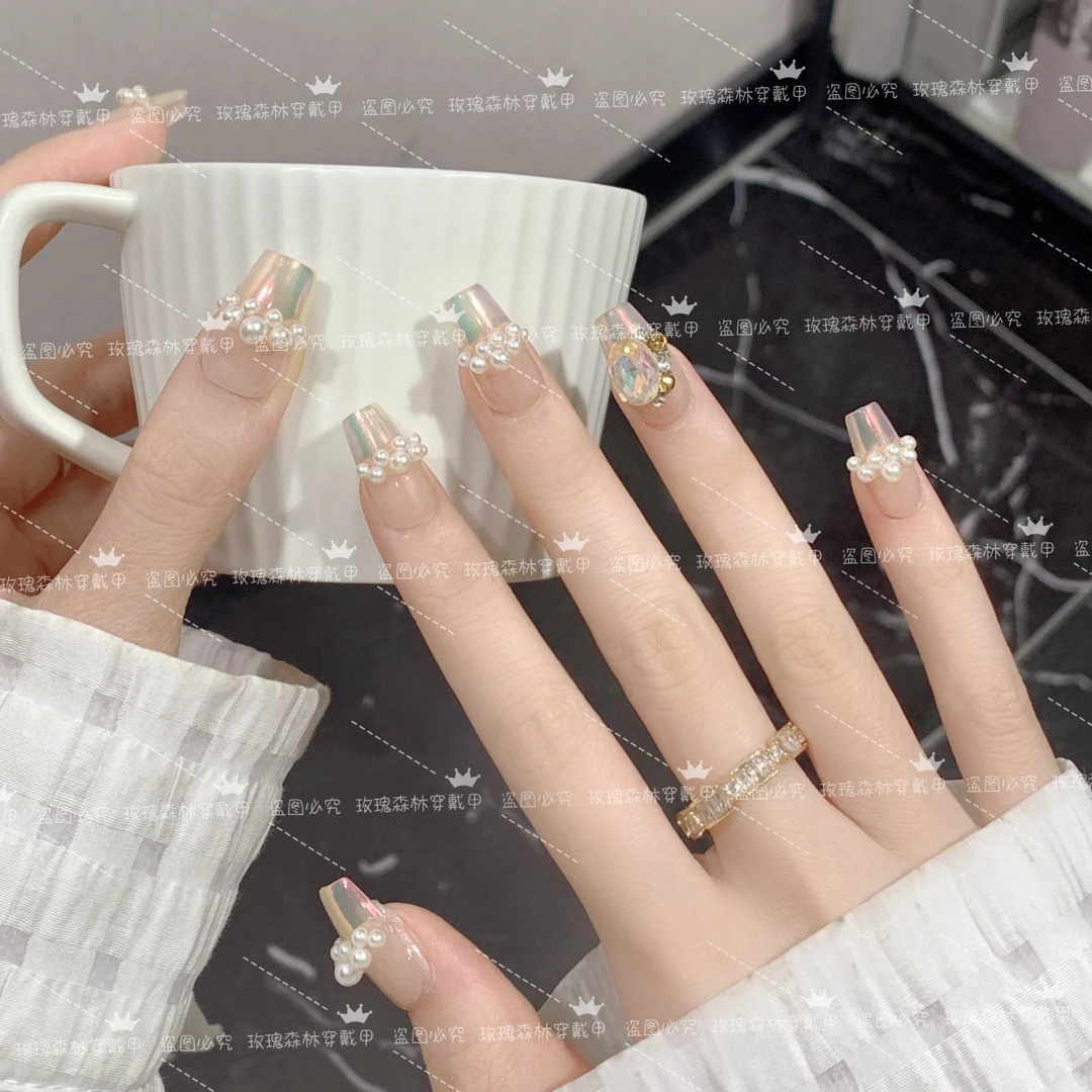 玫瑰月光&泡泡森林极光粉珍珠手工穿戴甲仙气裸色手工穿戴甲美甲