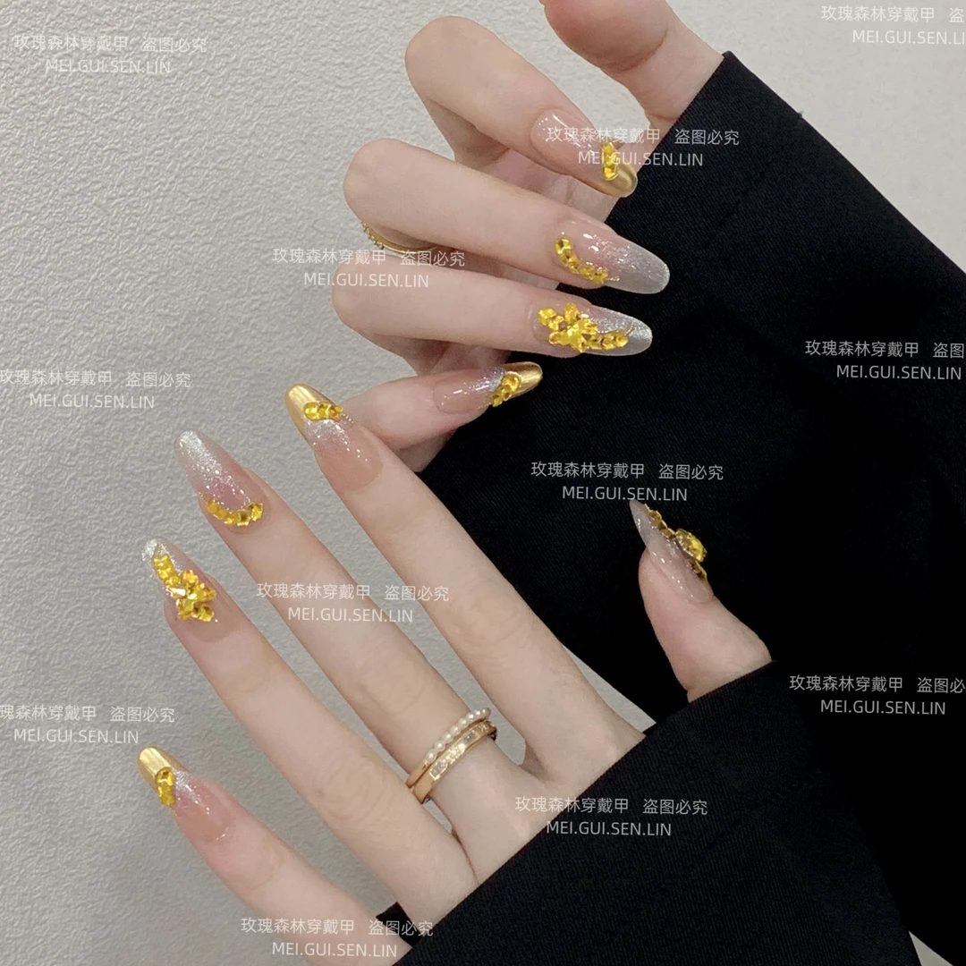 黄金战甲 玫瑰森林奢华裸色黄金美甲猫眼纯手工穿戴甲