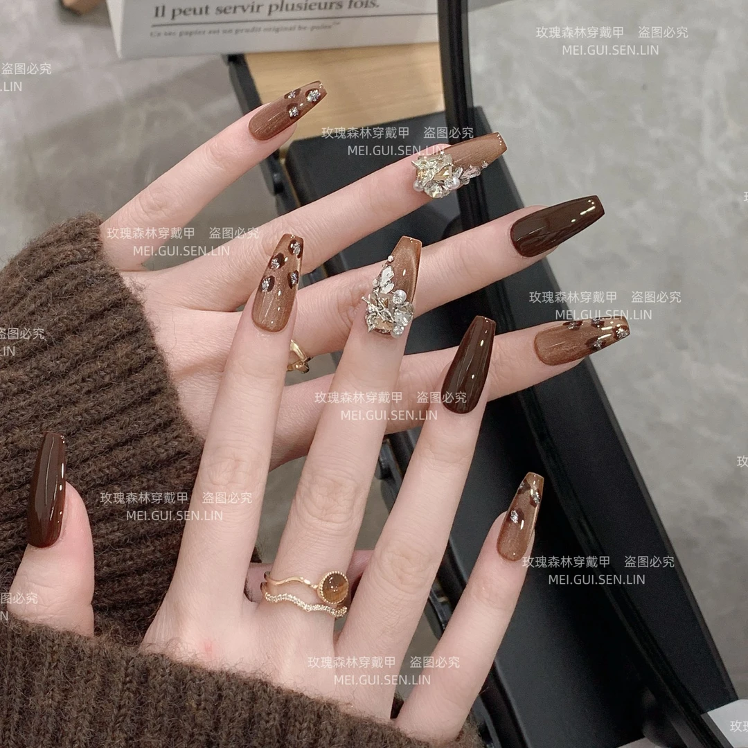 香橙美式~玫瑰森林棕色豹纹气质款纯手工穿戴甲