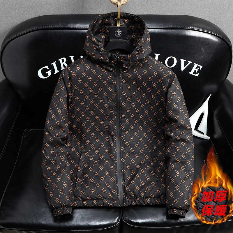 秋冬新款大码男士连帽夹棉外套加棉加厚青少年印花保暖修身衣服潮