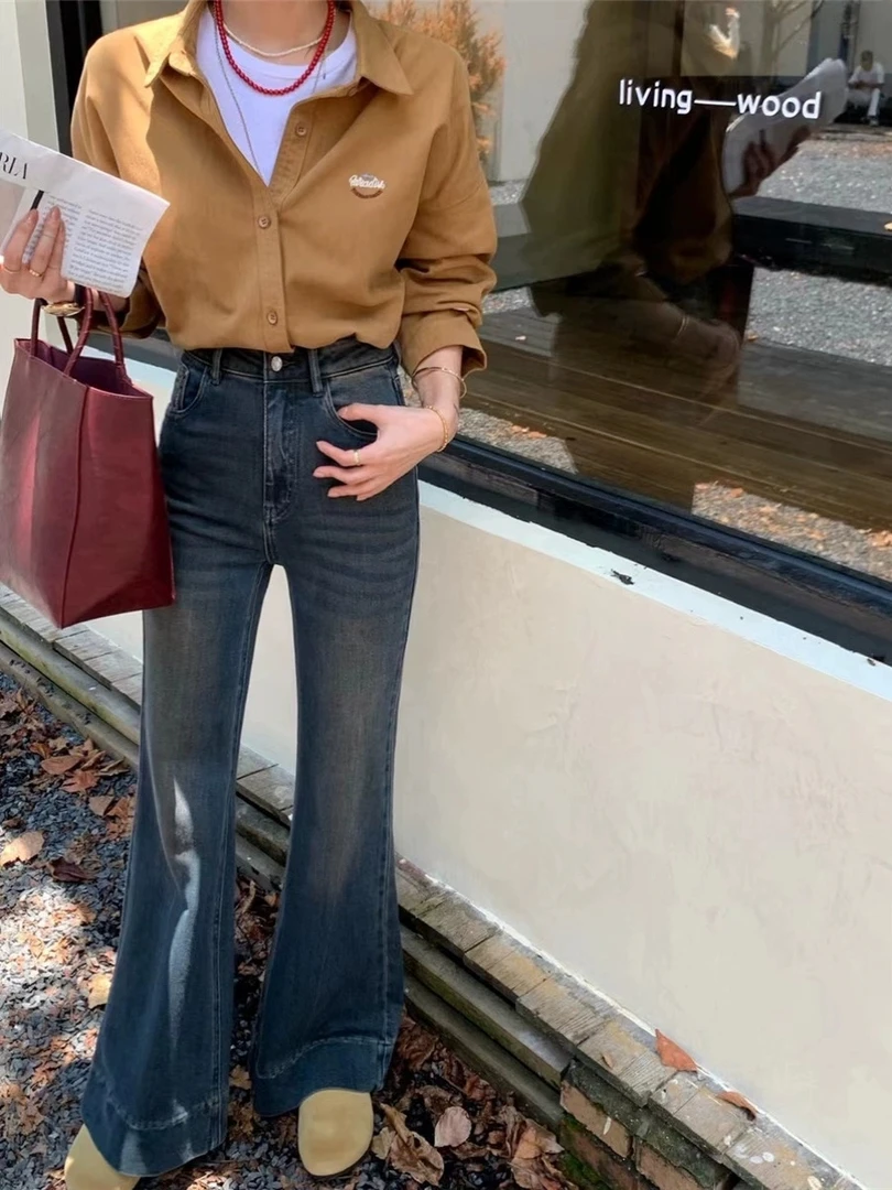 复古深蓝高腰微喇牛仔裤女秋季水洗弹力修身显瘦马蹄喇叭拖地长裤