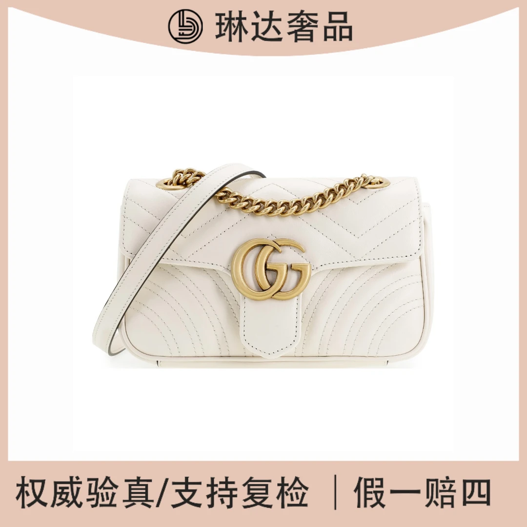 99新 GUCCI/古驰 经典马蒙22斜跨包邮差白色白金单肩斜挎包（琳达）