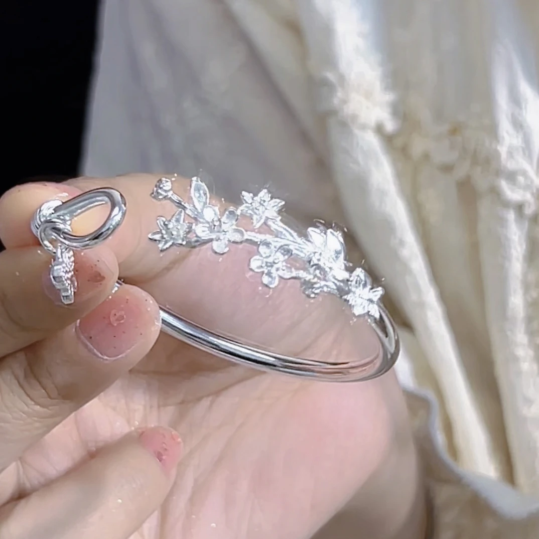 足银手镯 足银999.9水仙花银手镯实心开口时尚手工气质精美百搭