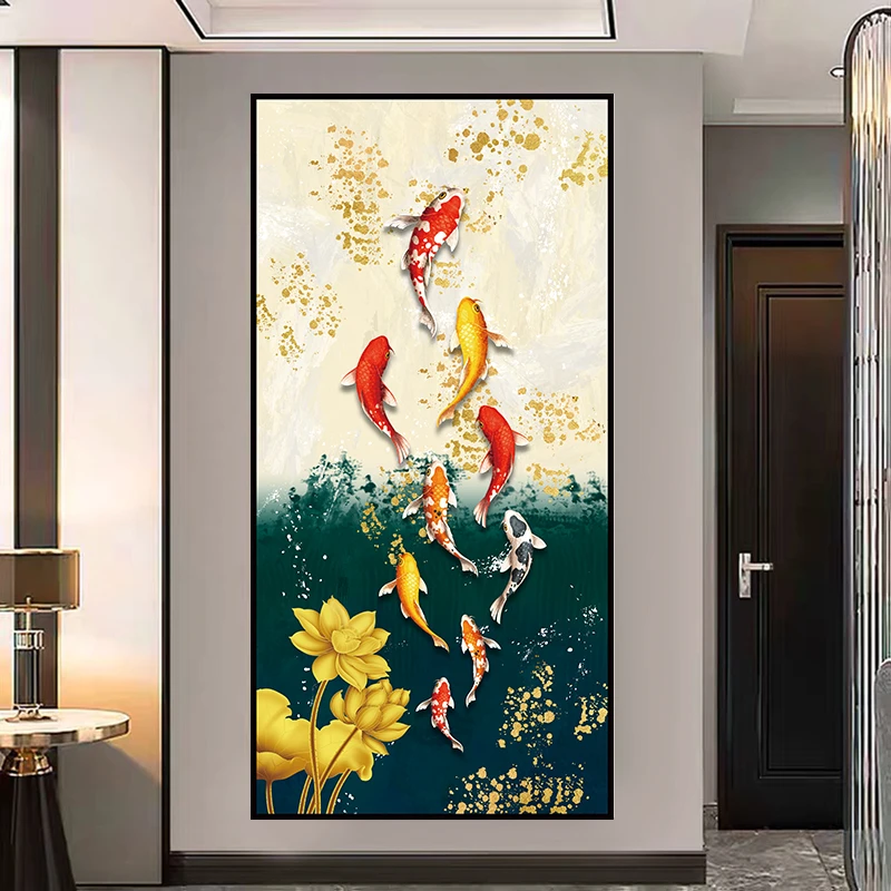 新中式九鱼图客厅入户玄关装饰画现代简约轻奢高级感自粘墙面贴画