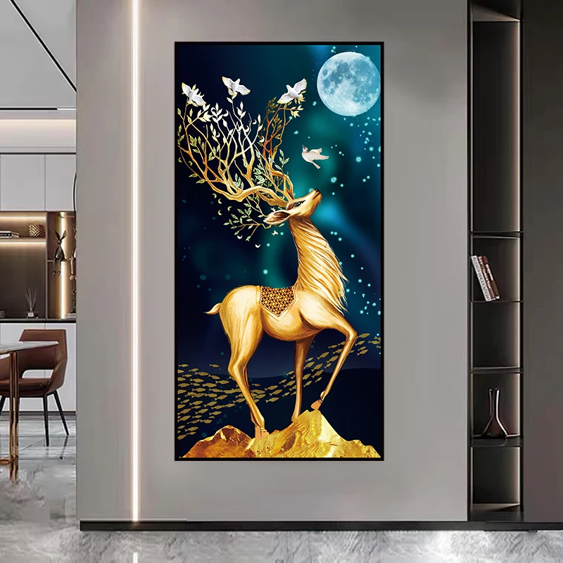 新中式吉祥麋鹿入户玄关装饰壁画现代简约轻奢高级感自粘墙面贴画