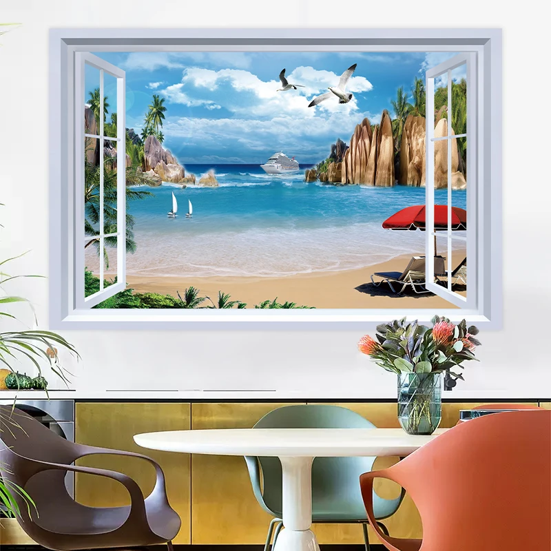 窗外装饰画客厅卧室房间现代风贴画自粘墙面贴纸沙滩海景室内壁画