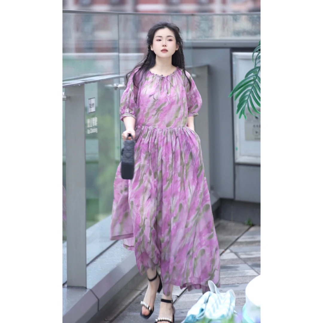 漾.随你走在天际.看繁花满地2025轻奢苎麻100%长裙