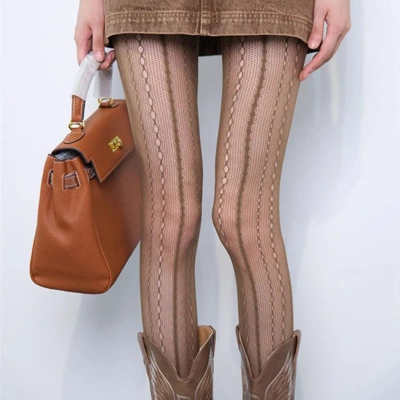 蕾丝丝袜复古菱格竖纹镂空辣妹灰色竖纹提花连裤袜